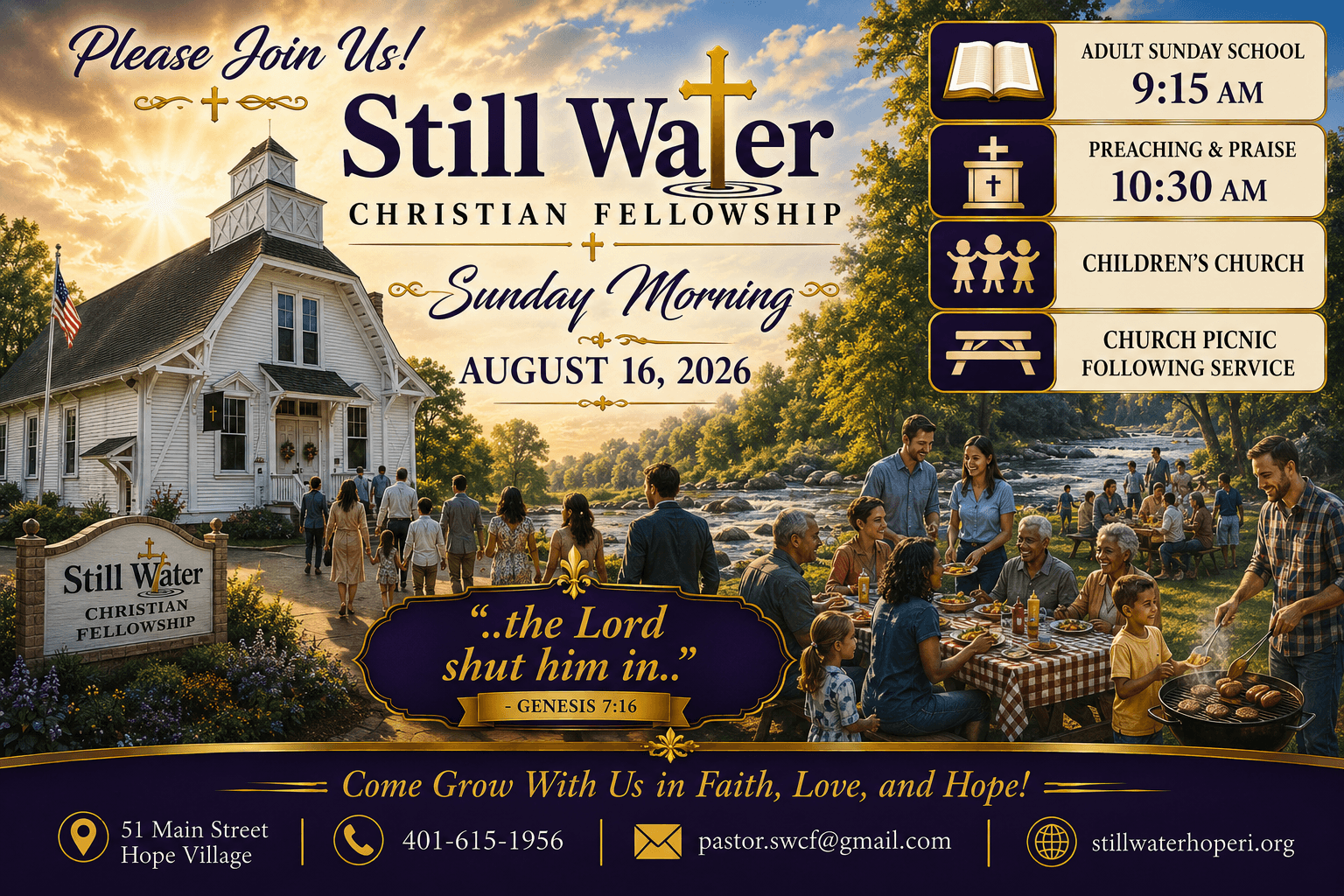 Sunday morning invitation for August 16, 2026 at Still Water Christian Fellowship