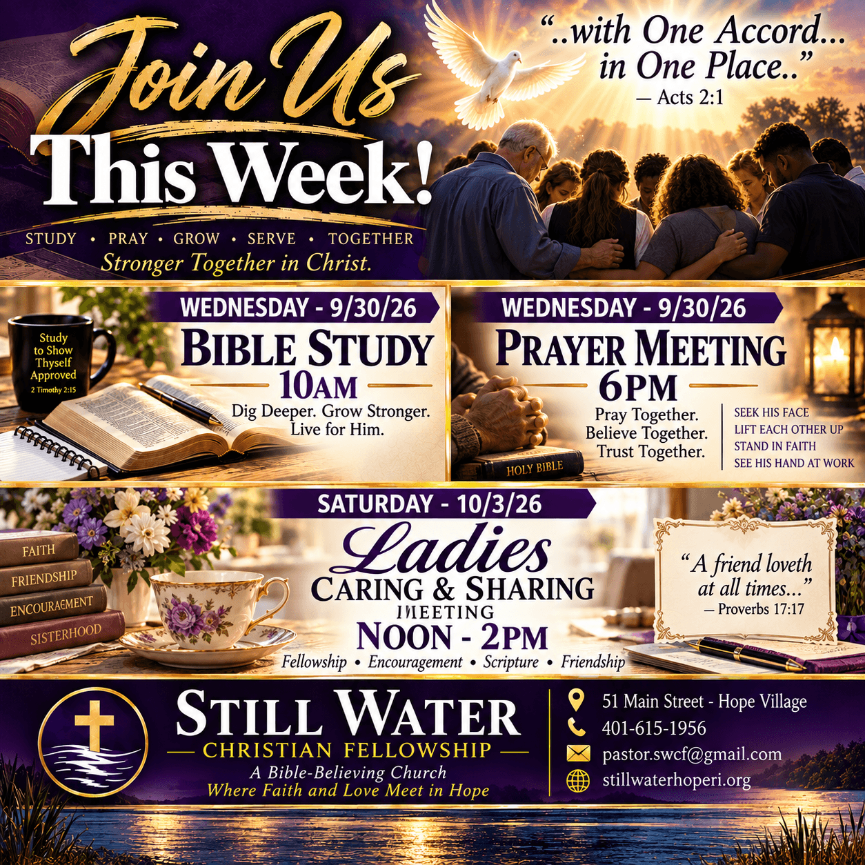 Weekly ministry opportunities at Still Water Christian Fellowship for the week of September 28, 2026